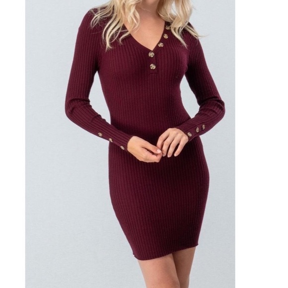 Burgundy Button Bodycon Sweater Dress 